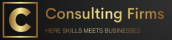 A logo for the best consulting firms in India featuring a golden letter "C" inside a gold-bordered square on the left, with the text "Consulting Firms" in gold on the right and "HERE SKILLS MEET BUSINESSES" in smaller gold text below. The background is dark gray to black.